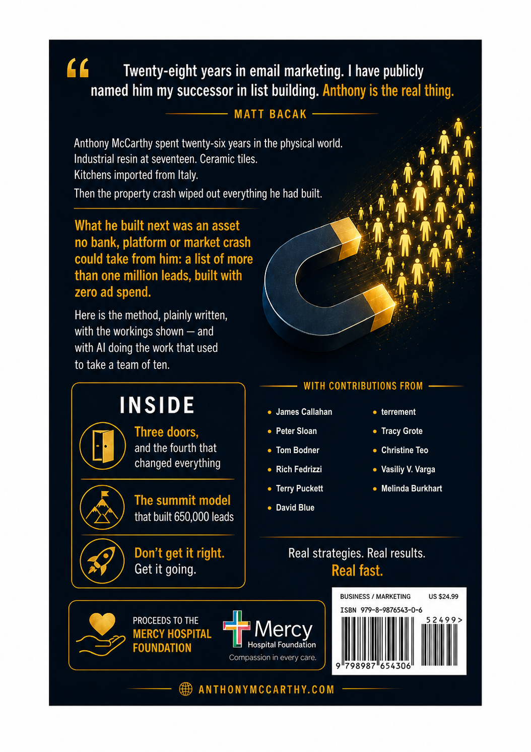 Back cover with the Matt Bacak quote, what is inside the book, and the contributor list