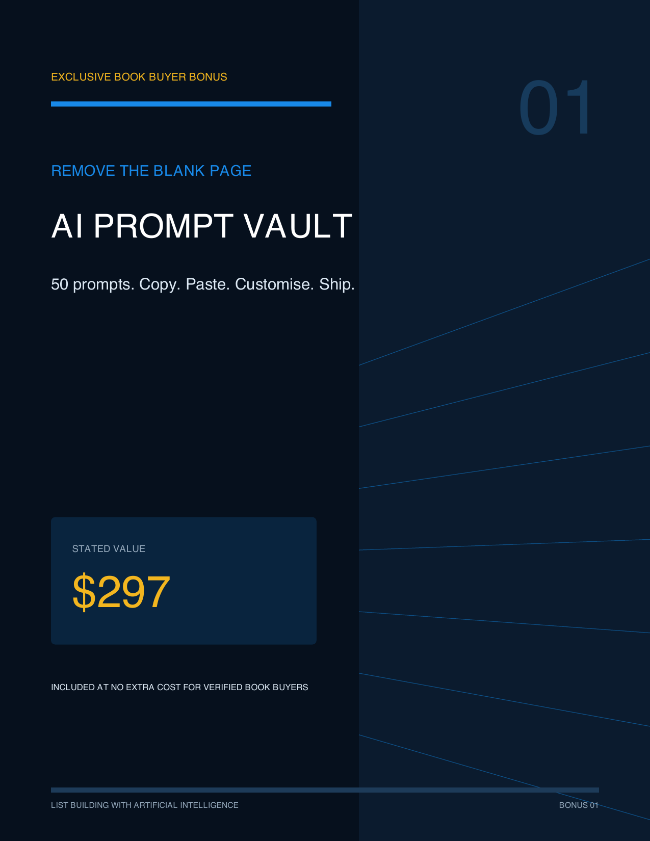 Cover of bonus one, AI Prompt Vault: Remove the blank page, 50 prompts, stated value $297