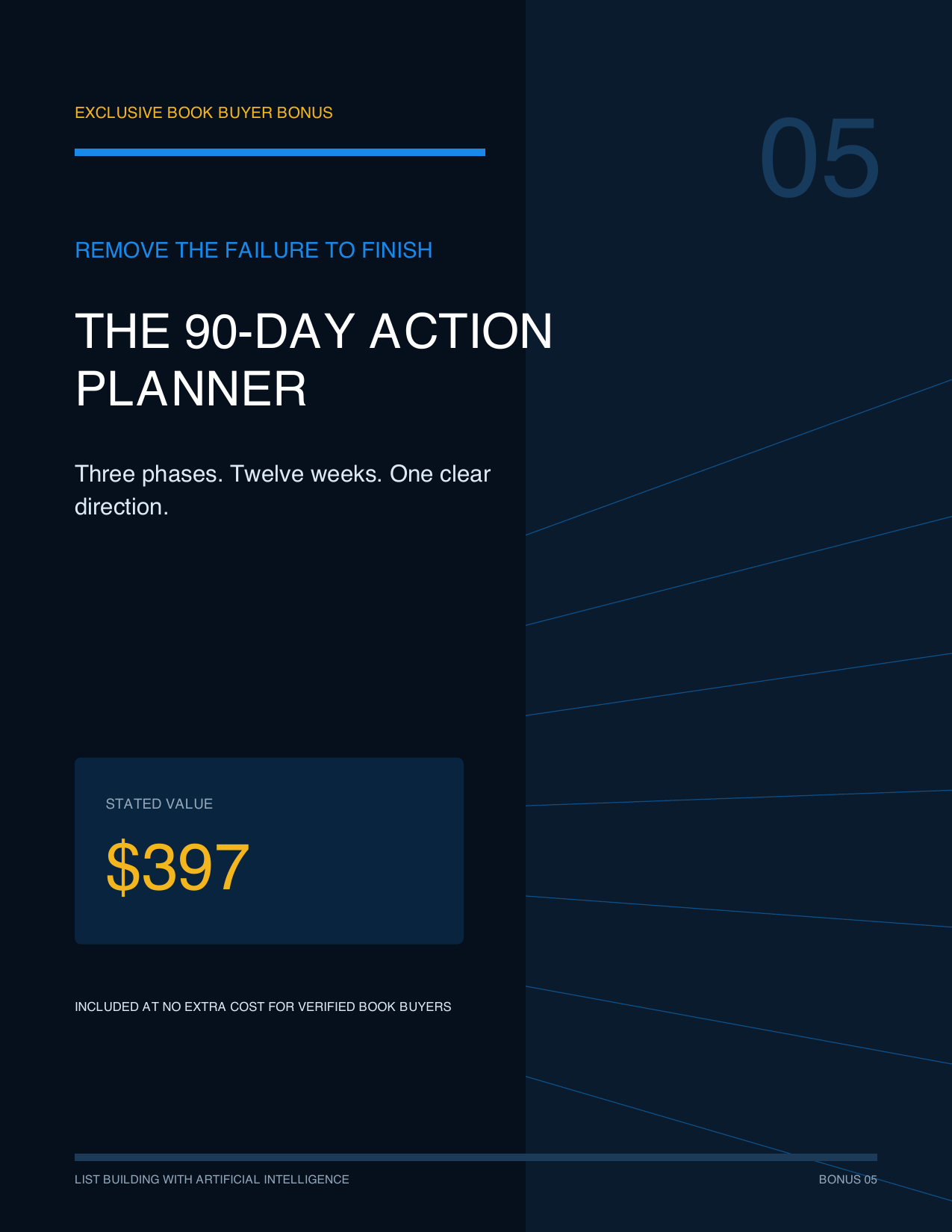 Cover of bonus five, The 90-Day Action Planner: Remove the failure to finish, three phases and twelve weeks, stated value $397