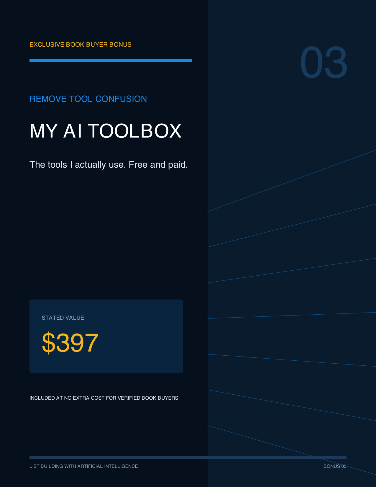 Cover of bonus three, My AI Toolbox: Remove tool confusion, the tools Anthony actually uses, stated value $397