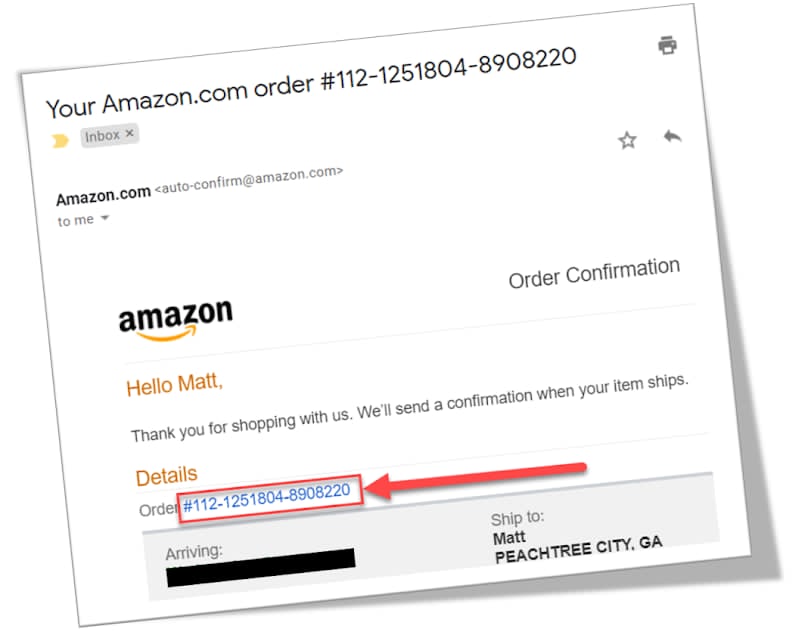 Example Amazon order confirmation email showing where the order number appears