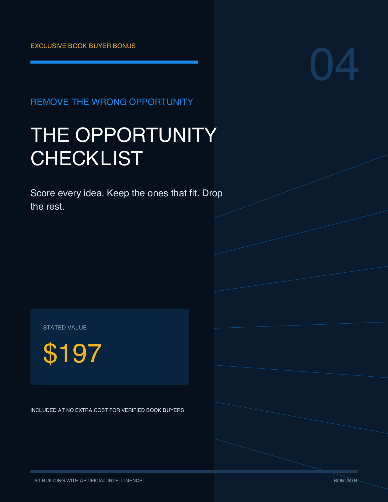 Cover of bonus four, The Opportunity Checklist: Remove the wrong opportunity, score every idea, stated value $197